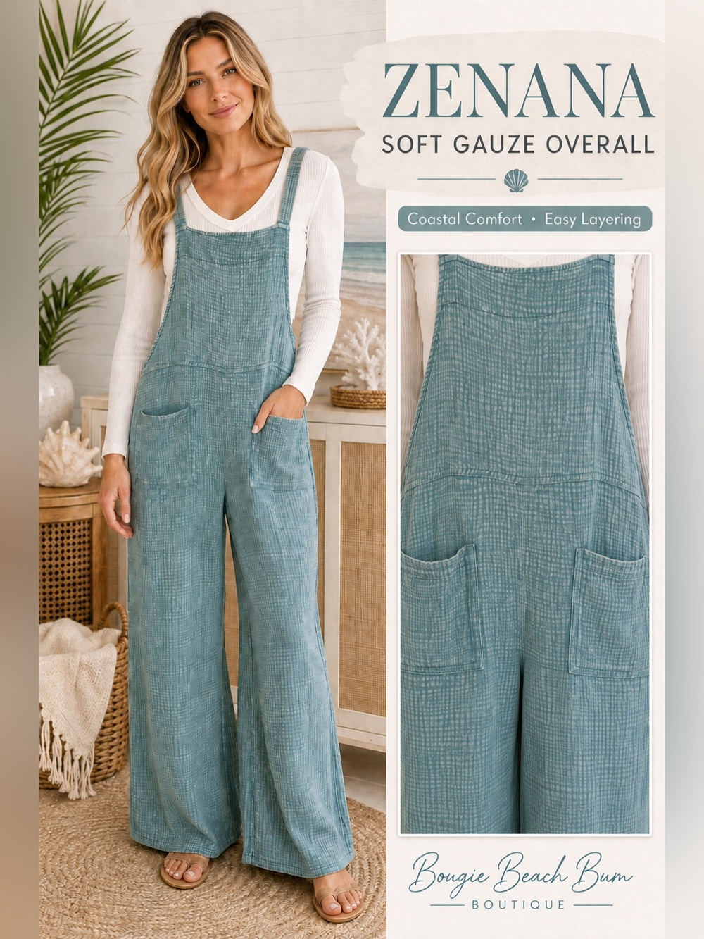 Zenana Outfitters Women's Soft Gauze Overalls - Teal Blue